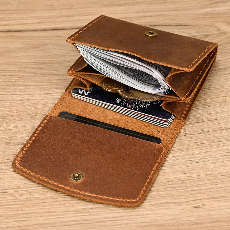 Vintage Crazy Horse Leather Mini Wallet Snap Button Coin Purse&Card Holder Genuine Cowhide Small Wallet Retro Original Design