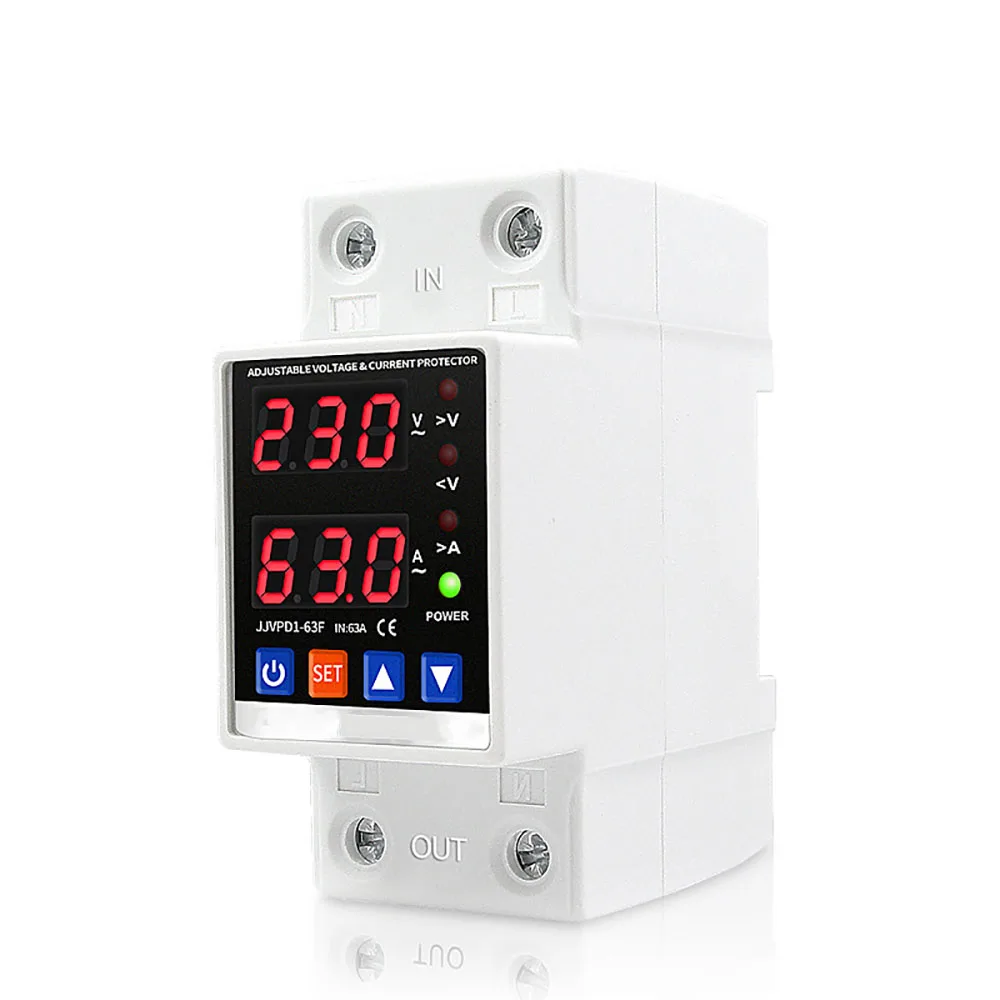 Dual Display 40A 63A 80A 230V Din Rail Adjustable Digital Over Under Voltage Relay Surge Protector Limit Over Current Protection