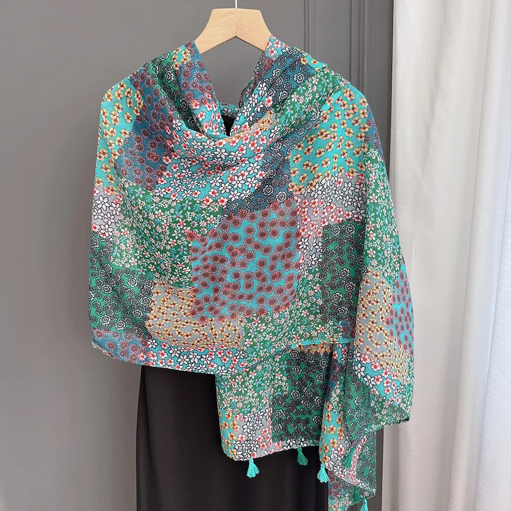 Fashion Wild Polka Floral Patchwork Tassel Viscose Shawl Scarf Lady High Quality Wrap Beach Stole Bufandas Muslim Hijab 180*90Cm