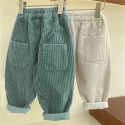 Korean Children's 2023 Autumn Boys' Corduroy Pants Children's Solid Child Thick and Thin Striped Casual Radish Pants