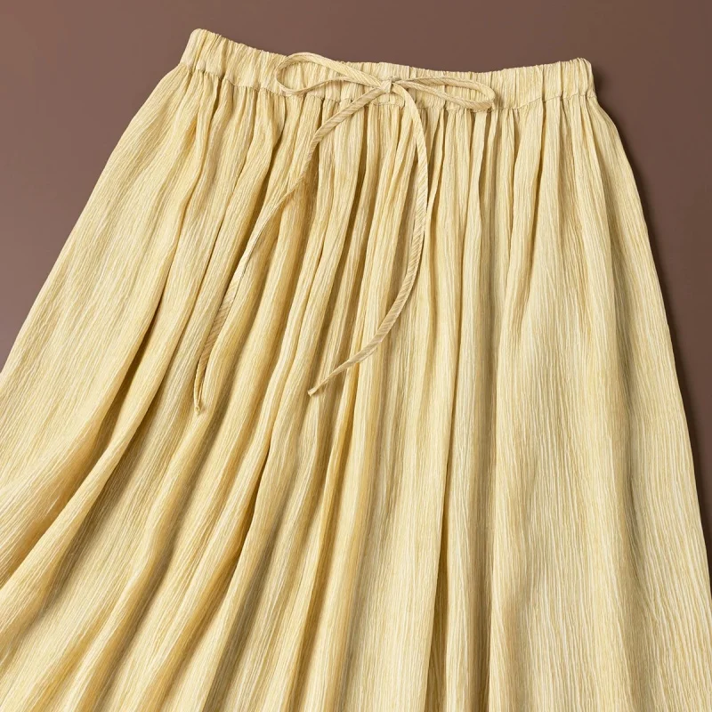 Birdtree, 100% Real Silk A-type Skirt, Commuting Style, Women's Loose Drawstring Skirts, Elastic Waist, 2026 Summer New D64708JF