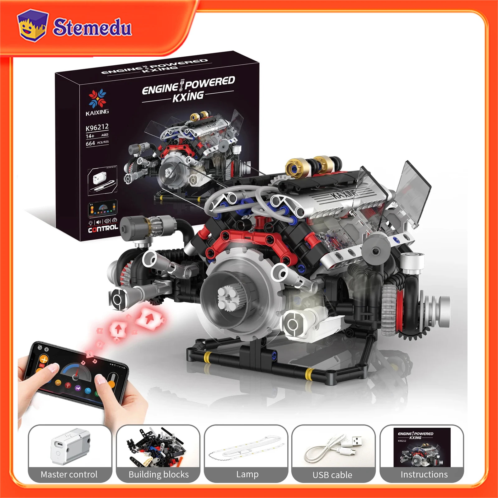 

K96212 664pcs F+1 Supercar Engine Building Blocks V8 Simulation DIY Model LED Light & APP Control Programming Motor Drive Bricks