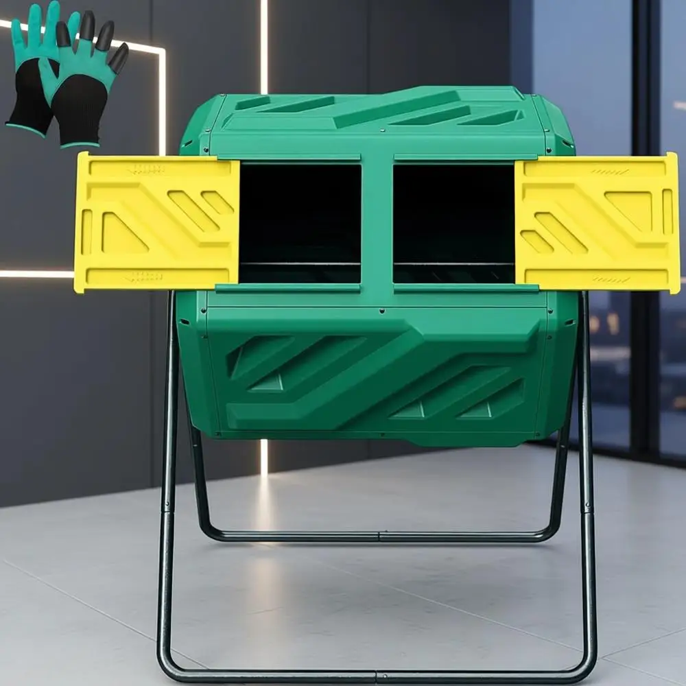 

Dual Chamber Tumbling Compost Bin with Gloves, Easy Assembly, Green for Outdoor Garden and Kitchen Waste