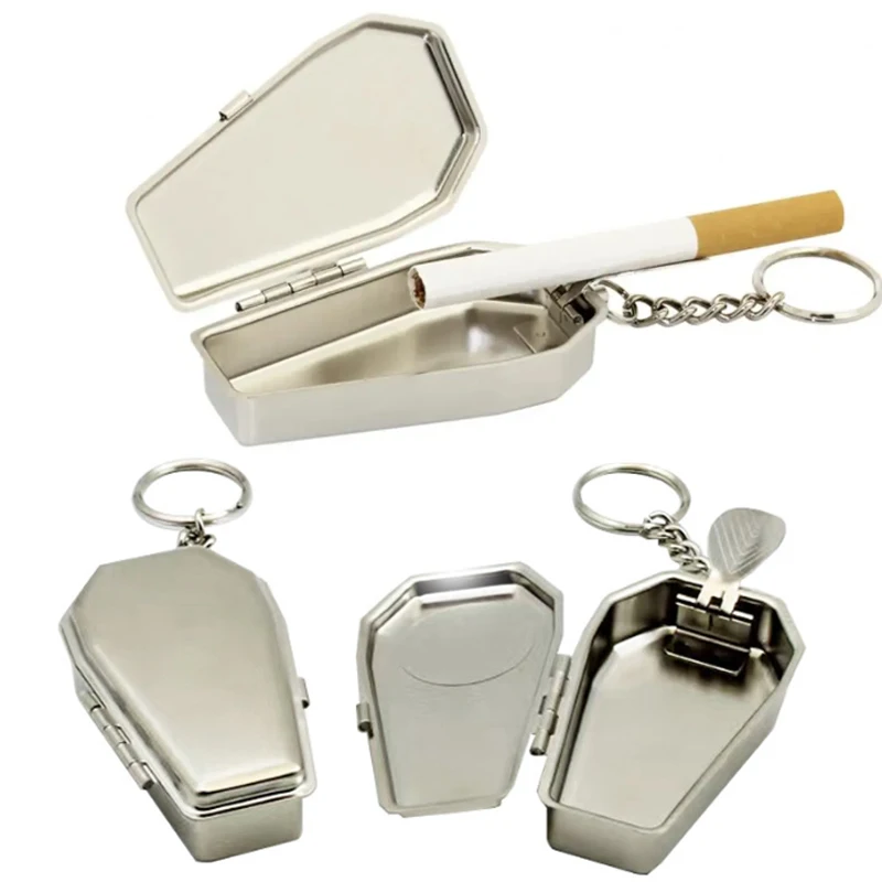 Mini Casket Ashtray with Keychain Stylish Windproof Metal Cool Ashtray Portable Coffin Car Keychain Ash Organizer for Camping