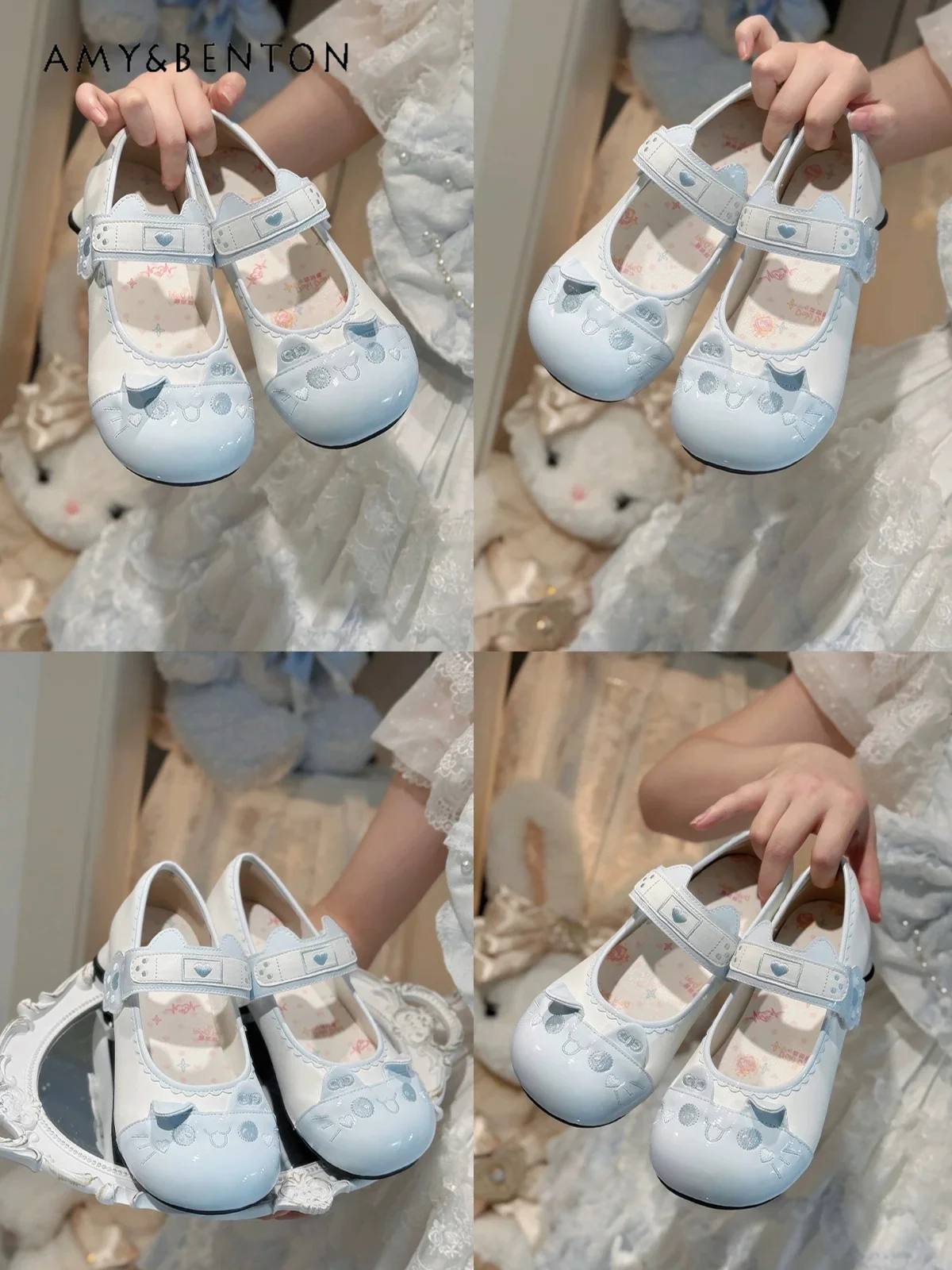 

Lolita Cat Ears Cartoon Embroidery Mary Jane Shoes Japanese Sweet Girl Cute Splicing Color Low Heel Single Shoes Jk Pu Shoes