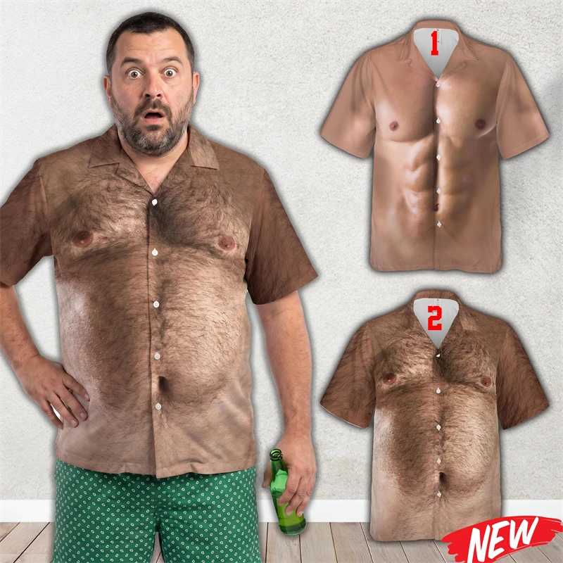 Funny Men's Hairy Chest Pattern Hawaiian Shirt Men 3d Print Muscle Man Body Button Novelty Party Holiday Short Sleeve Top