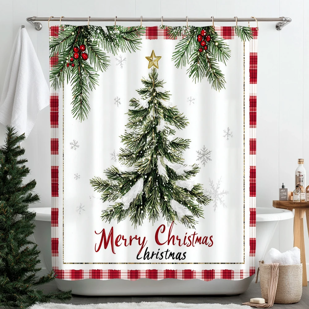 قطعة واحدة من ستارة الحمام المطبوعة بشجرة عيد الميلاد مع خطافات، قماش مطبوع لستارة تزيين عطلة المنزل #3