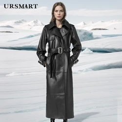 Sheepskin coat for women Loose fit windbreaker classic black double breasted long length Women's leather trench coat