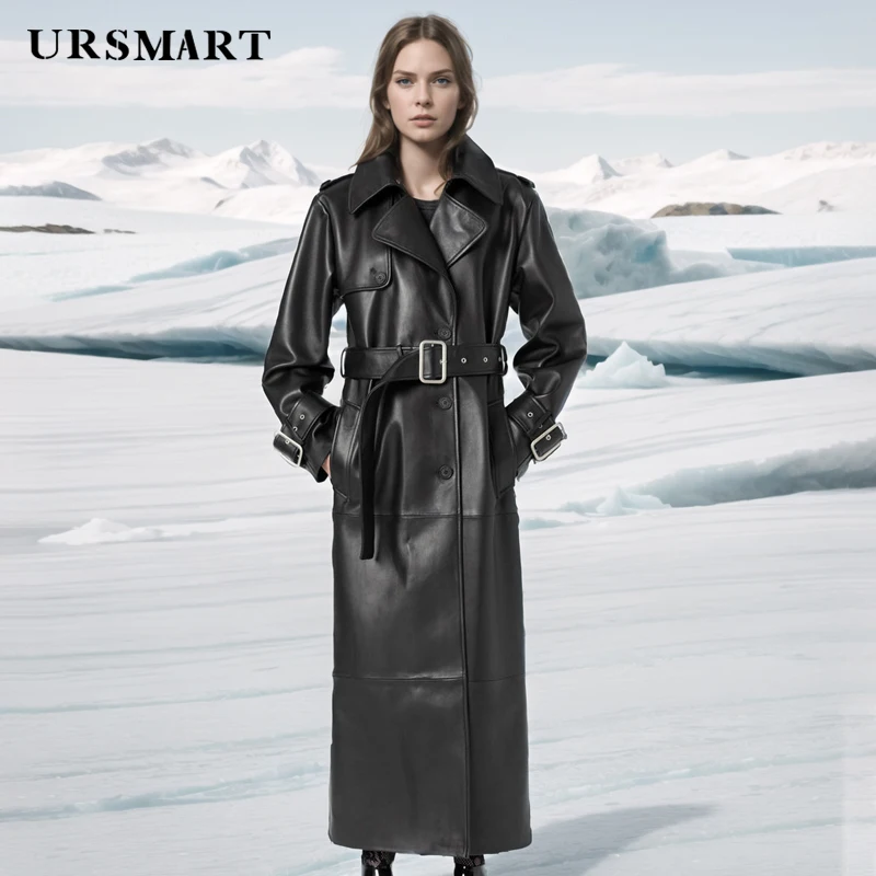 Sheepskin coat for women Loose fit windbreaker classic black double breasted long length Women's leather trench coat