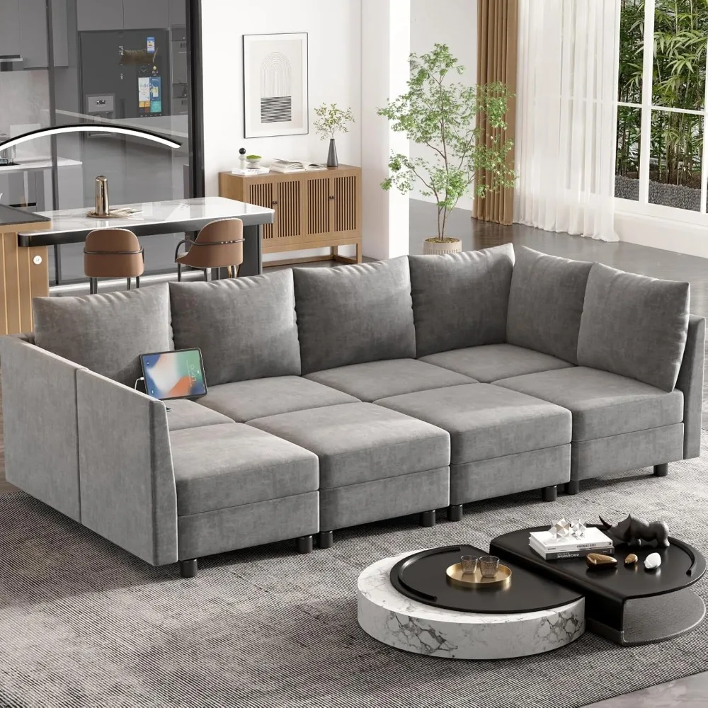 Sofa Bed 103'' Sectional Sleeper Sofa, 8 Seats Modular Convertible Sofa Bed Couch with Storage Ottomans, with Charging Station