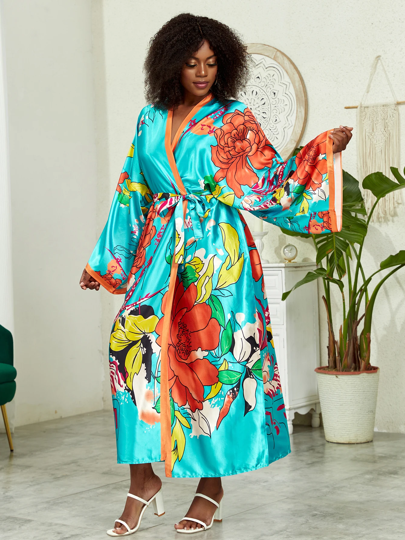 Plus Size Boho Kimono, damskie Plus nadruk lotosu kontrastowe wiązanie z długim rękawem z odkrytym przodem Kimono