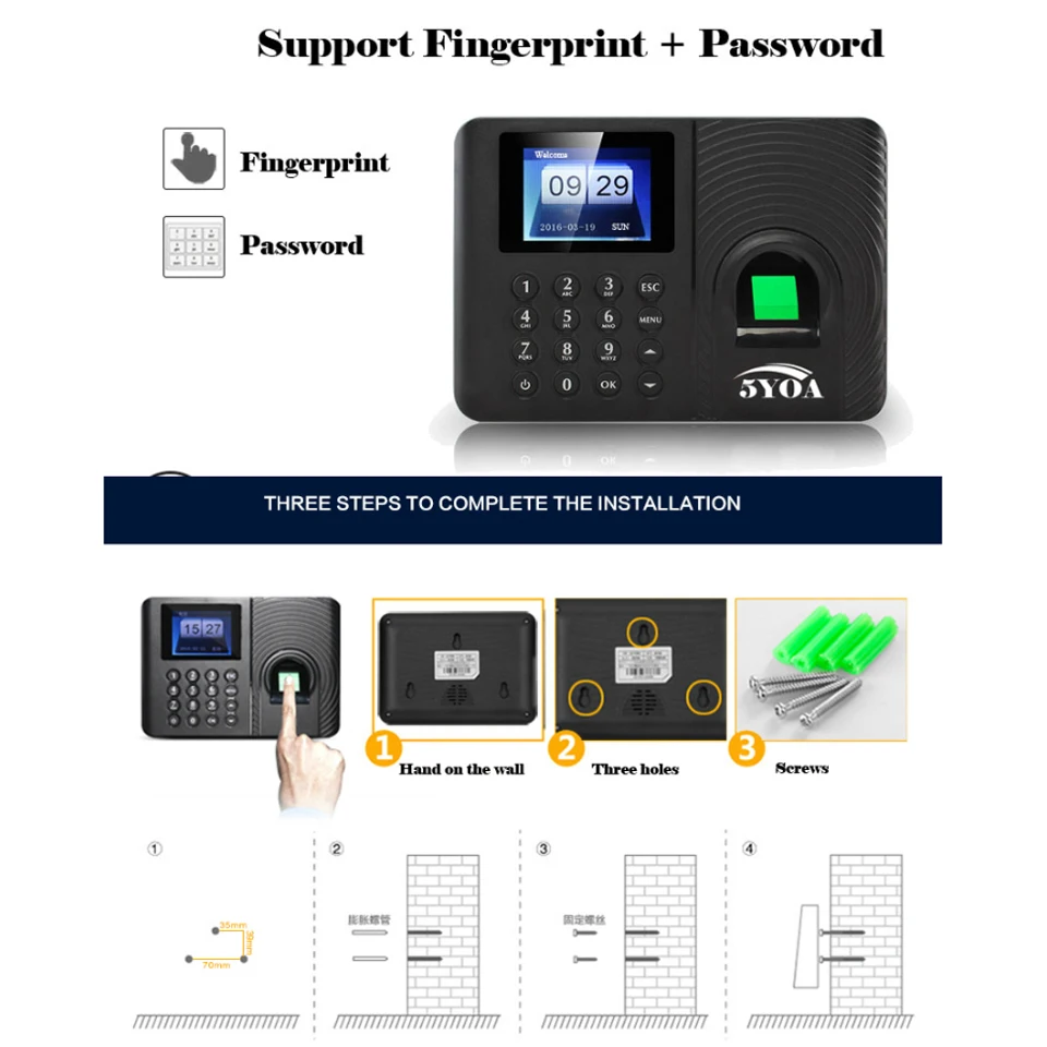 Fingerabdruck-Anwesenheit, biometrisches Maschinensystem, Tastatur für Mitarbeiter, elektrische Stechuhr, Recorder, USB-Datenverwaltung