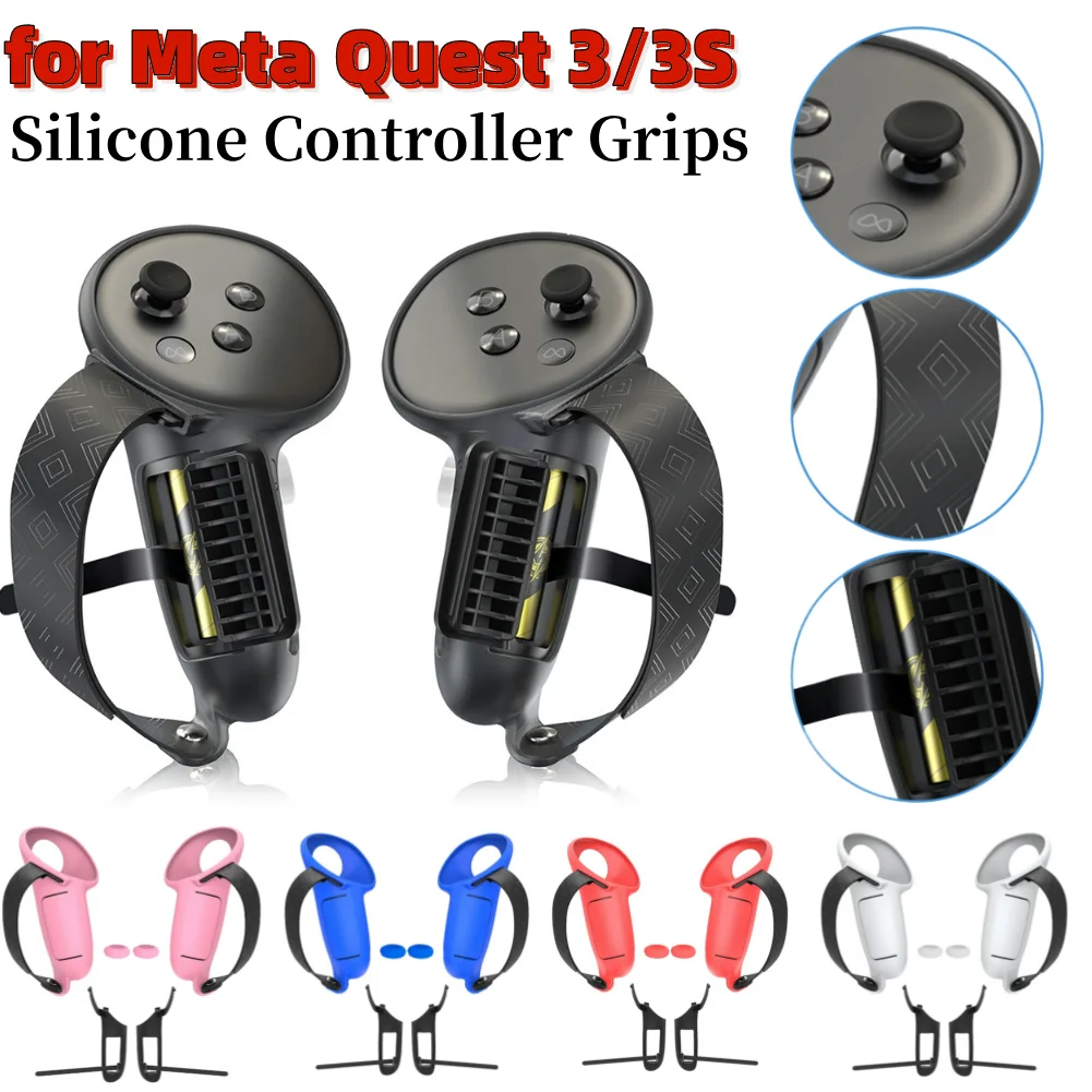 Silicone Controller Grip Cover with 2pcs Joystick Cover Non-Slip W/ Knuckle Straps and Battery Opening for Meta Quest 3/3S