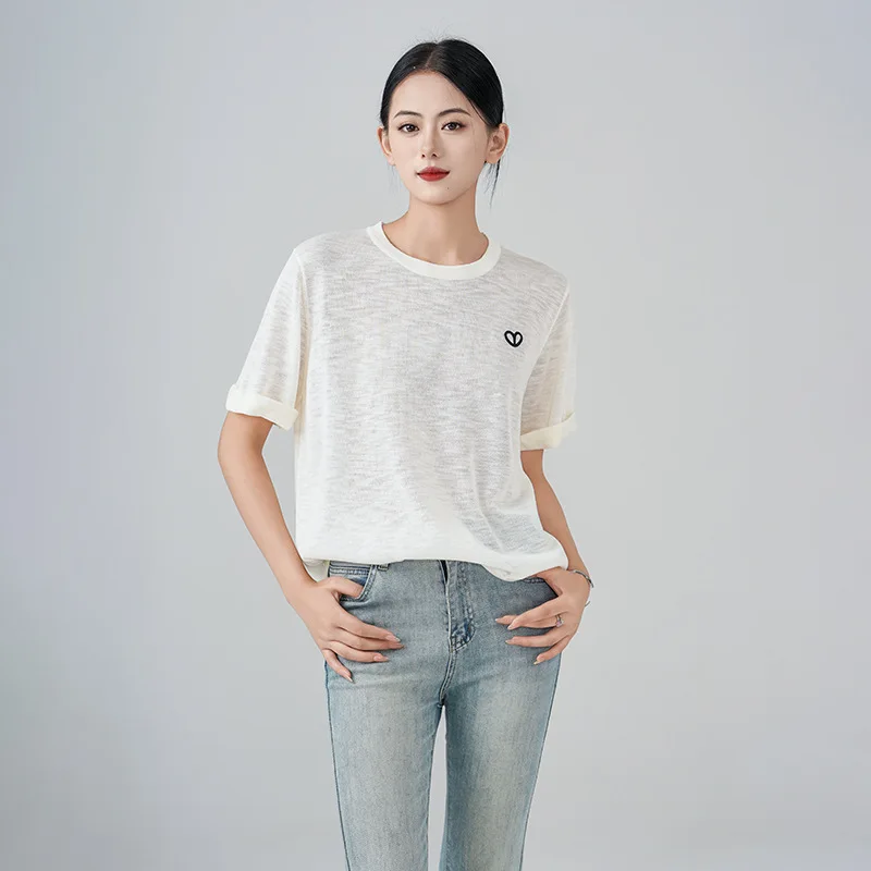 2024 Summer Thin Knitted Short Sleeved T-shirt Women's Linen Blend Cool Breathable  High-quality And Unique Embroidered Shoulder