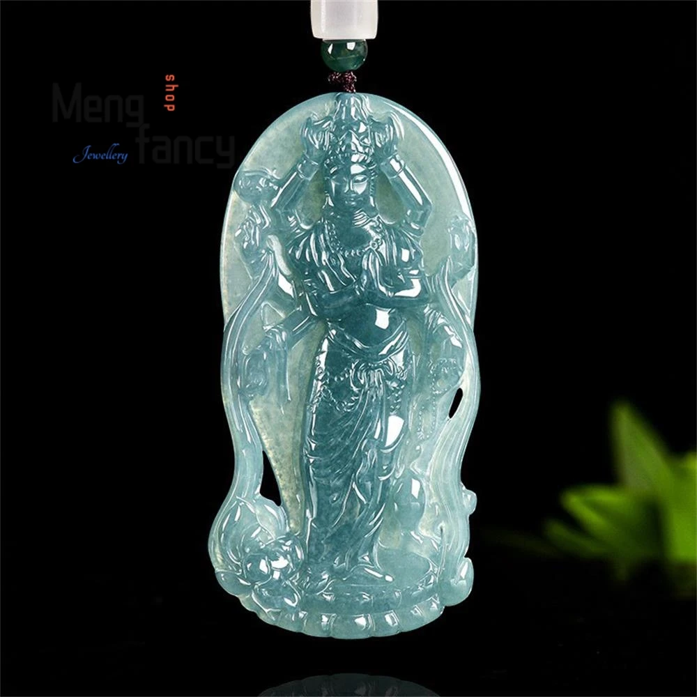 

Натуральный натуральный жадеит класса А, голубая вода, тысяча рук, Гуаньинь, клейкий лед, нефритовый кулон, буддийские амулеты, ювелирные изделия