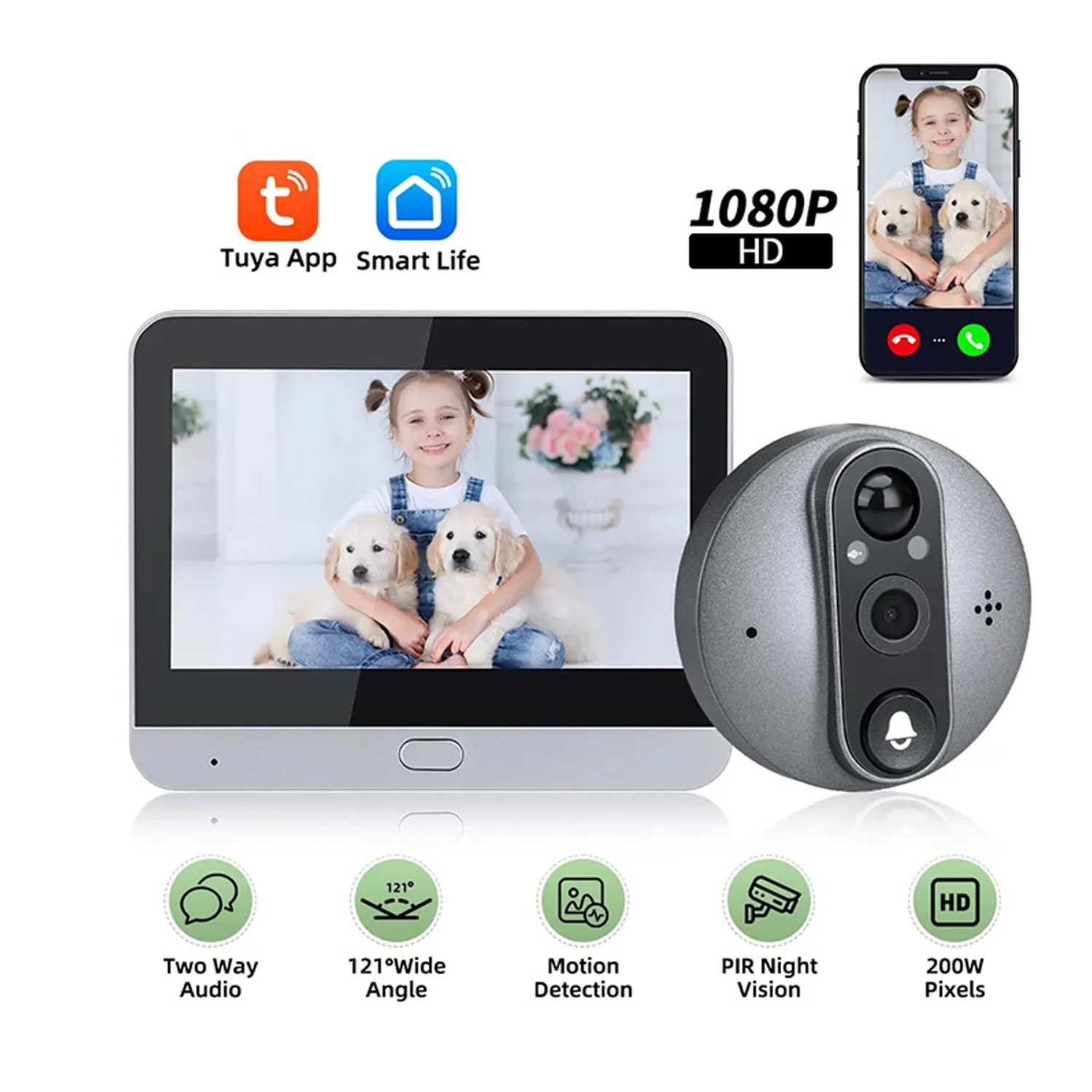 

Smart Life 2MP Outdoor Wireless Doorbell with Camera Tuya Home Security Video Digital Peephole Compatible with Alexa for House