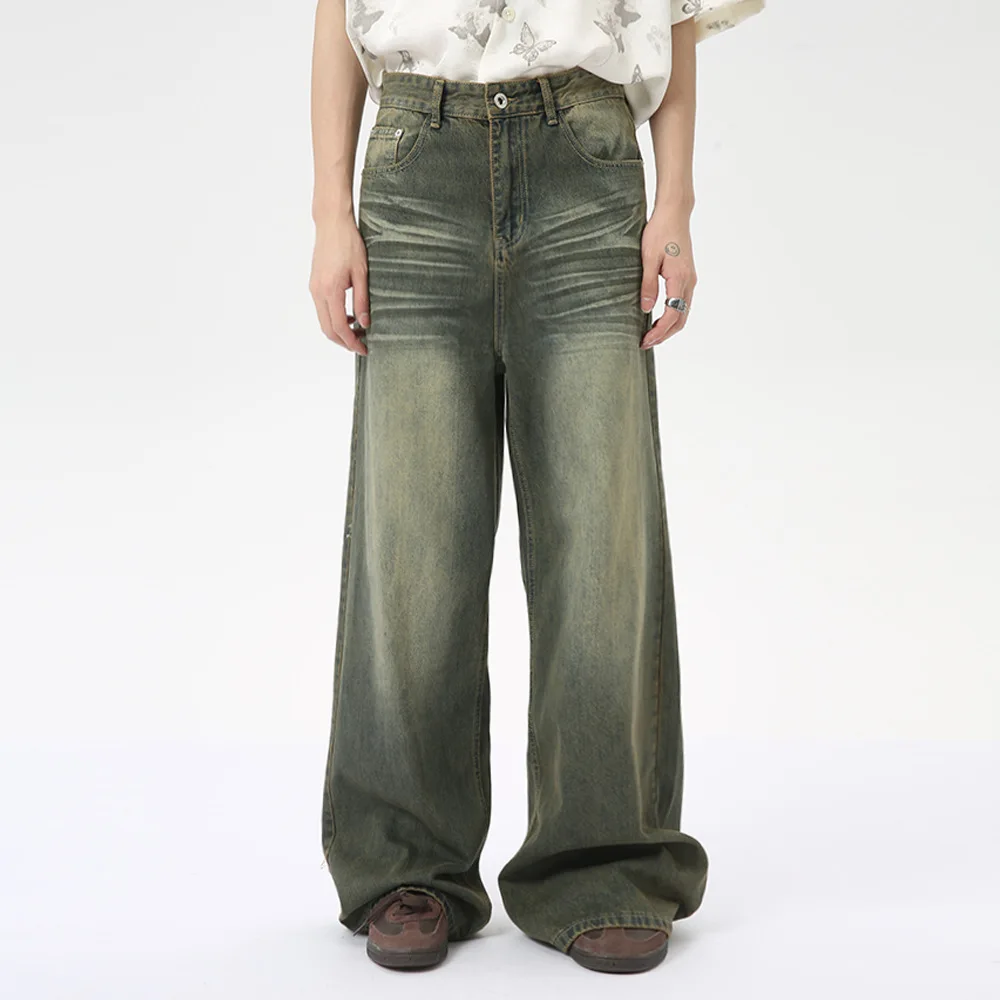 

Fashion Loose Men's Straight Denim Pants American Style Casual Worn-out Design Wide Leg Jeans Summer New Trend