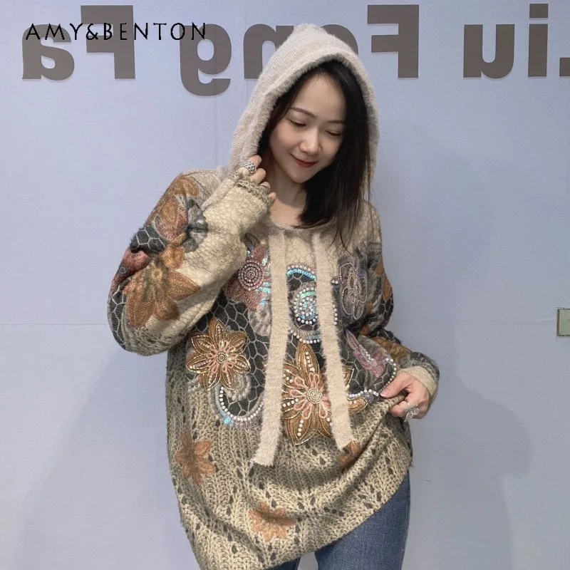 

Модный объемный вязаный свитер с пайетками, водонепроницаемый, из искусственного меха норки, с длинными рукавами, круглым вырезом, капюшоном и крупным цветочным узором, женский, зимний