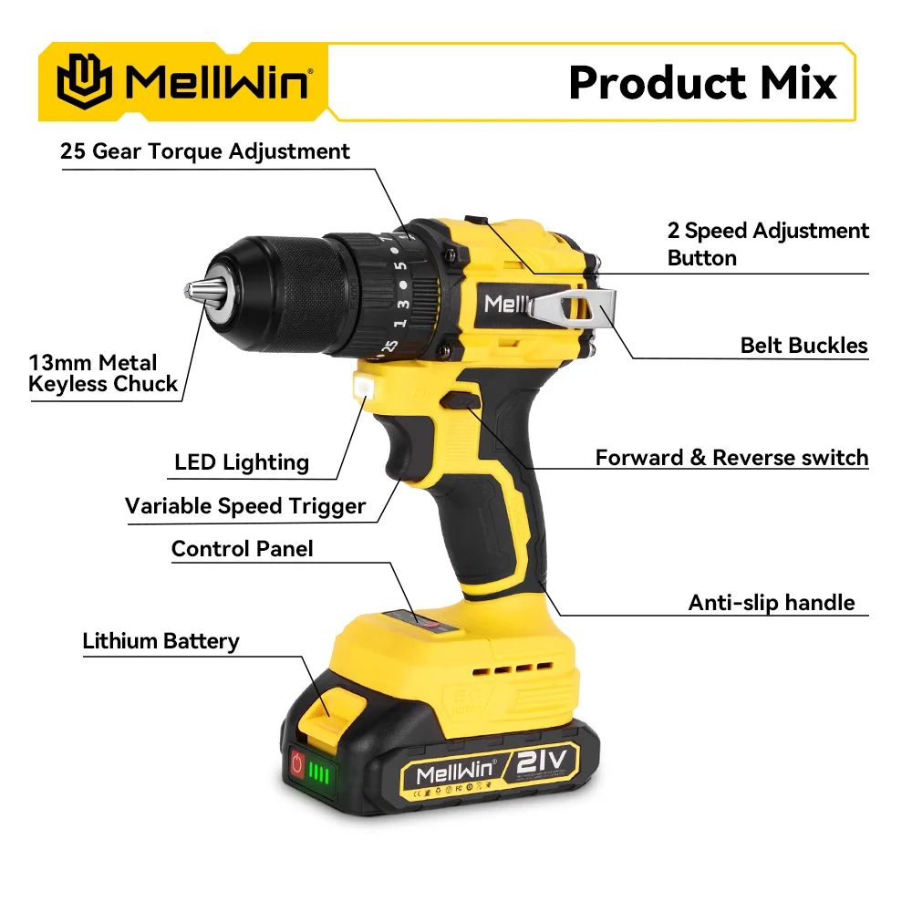 MELLWIN 13MM 25 + 3 Bürstenlosen Elektrische Hammer Bohrer Handheld Cordless Flach Bohrer Schraubendreher Power Werkzeuge Für Makita 18V batterie Pin – Detail 5