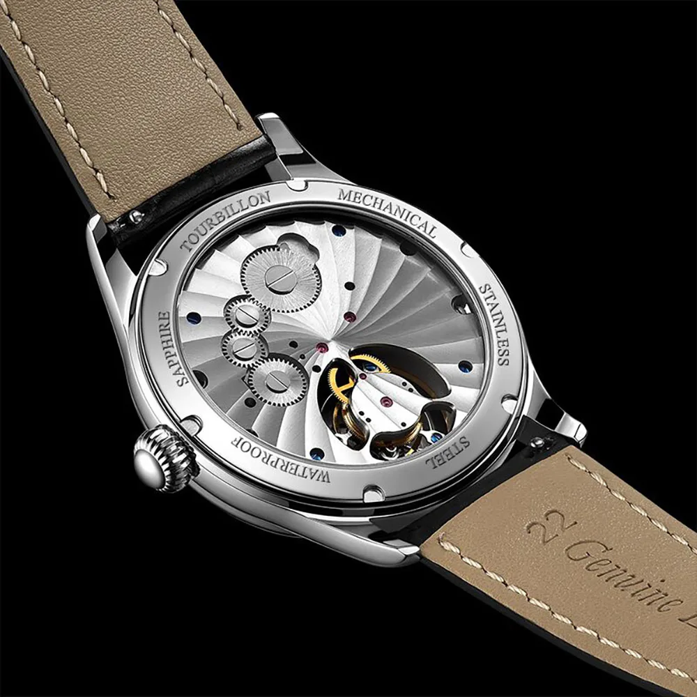 Imagem -02 - Aesop 7021 Tourbillon Relógio Masculino Movimento Mecânico Wirstveres Safira à Prova Impermeável Água Couro Metal Banda Escala Romana Dial Clássico