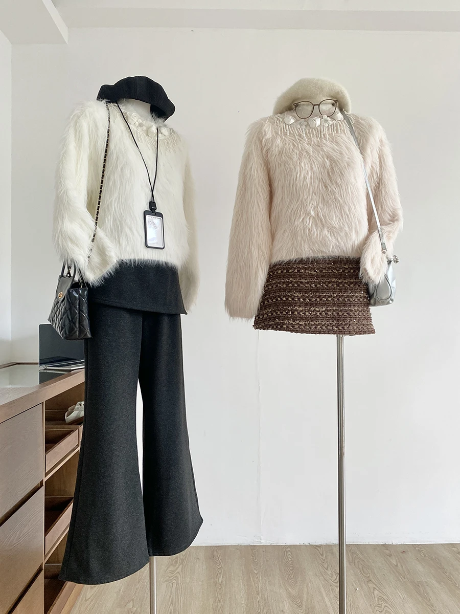 

2025 New Lazy Style Sweet Faux Mink Sweater Women Loose Atmosphere Long Sleeve Knitted Top Commute Polyester Fiber Hoodie