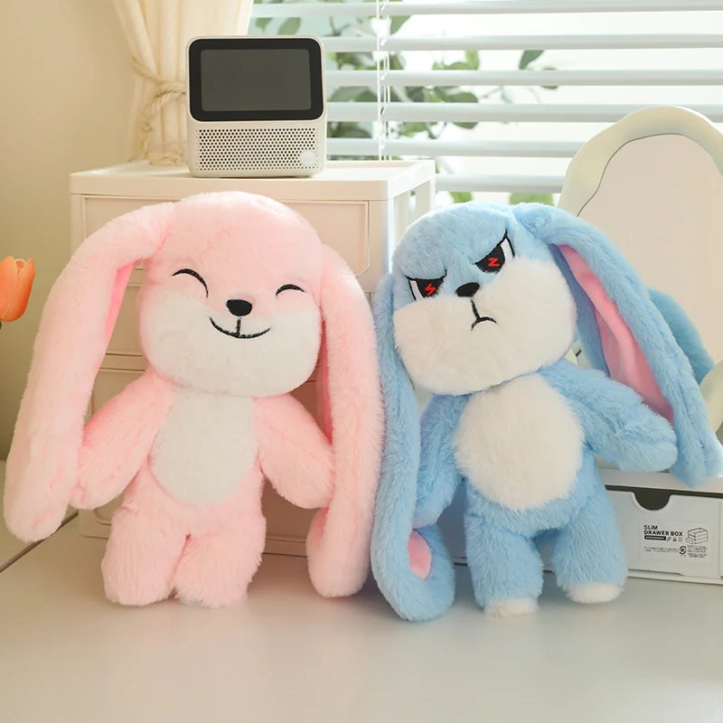 Kawaii Double-sided Rabbit Plush Doll Can Change The Expression Happy Angry Blue Pink Yellow Rabbit Plush Doll Decorate The Room