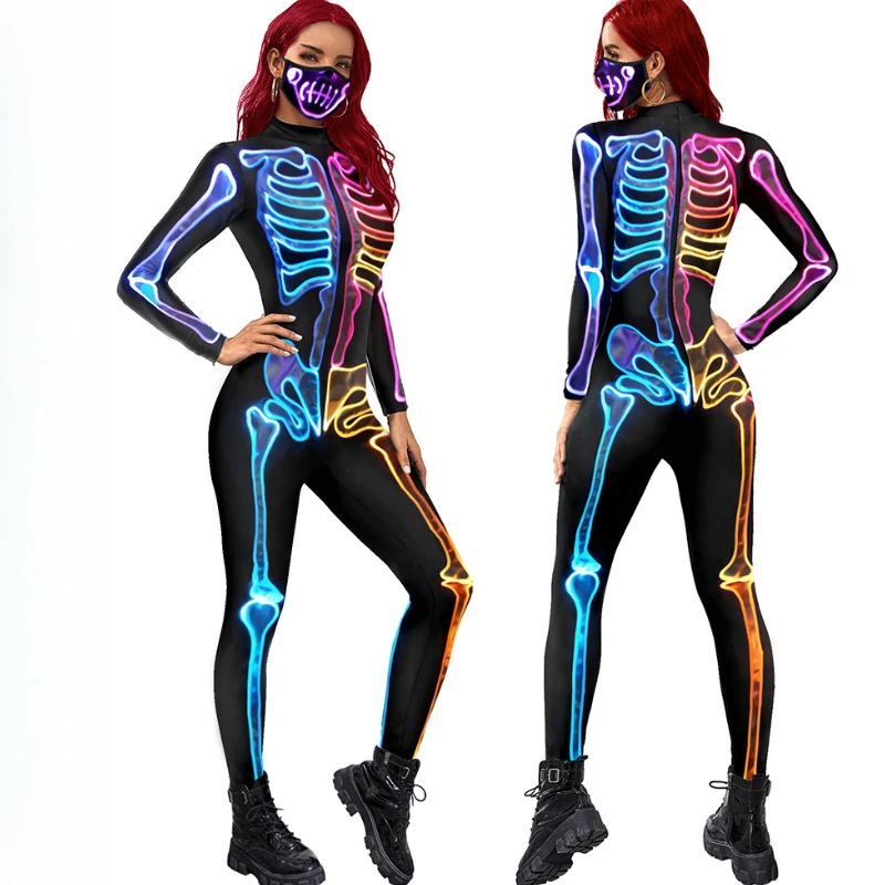 

Euro American Skeleton Print Bodysuit 2025 Halloween Long Sleeve ​Glowing​ Jumpsuit for Women Stage Performance Cosplay Costume