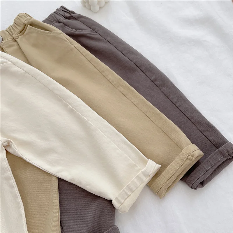 2-7Y New Autumn Casual Pants Solid Color Elastic Waist Pants with Side Pockets for Boys Girls Cotton Trousers Daily image 5