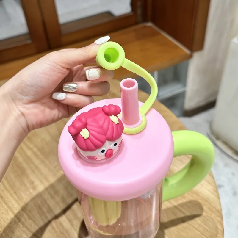 900ml Kawaii Cartoon Straw Cup with Box Leak-Proof Plastic Water Bottle with Handle Colorful Portable Drinkware for Kids & Adult