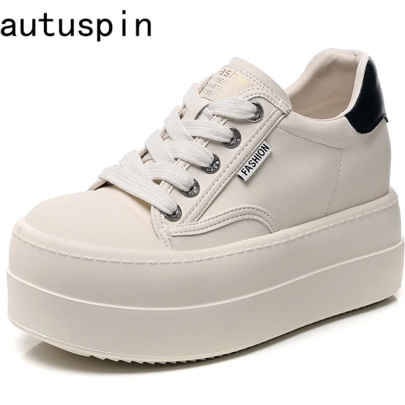 

AUTUSPIN New Skateboard Shoes for Women 2025 Spring Fashion Leather Vulcanize Shoes Outdoor Leisure Woman Wedges Chunky Sneakers