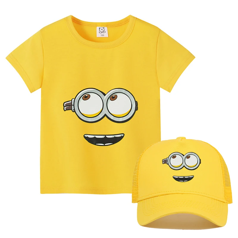 2pcs Minionses Children Short Sleeves + Baseball Cap Cartoon Summer Outdoor T-shirt Hat Tees Tops Boy Girl Kids Clothes Set Gift