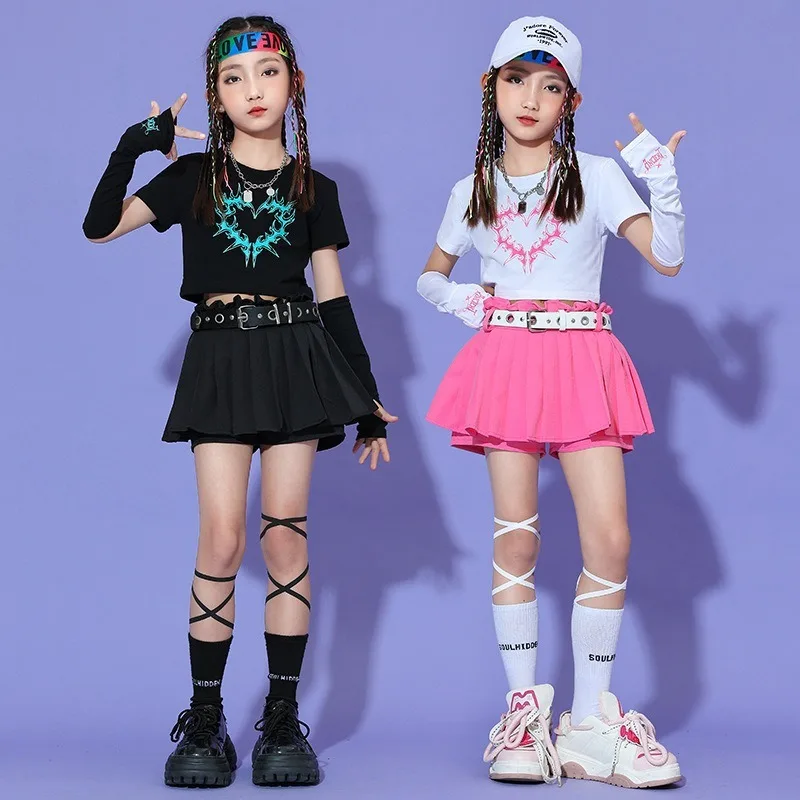 Letni modny strój do jazzu dla dziewczynki na rok 2025, miękki zestaw sukienki z T-shirtem, kostium do występów, kostium taneczny, strój Kpop dla dzieci, strój rave