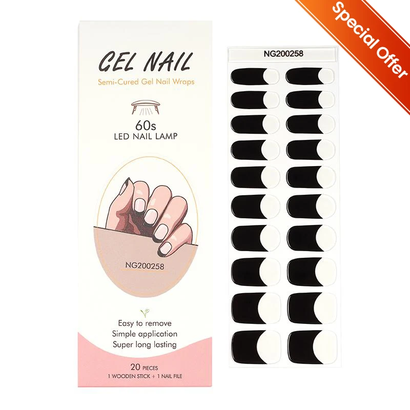 

16/20/22Tips Cured Gel Nail Strips Sticker Long-Lasting Nail Polish Strips Wraps Full Cover Gel Nail Art Stickers UV Lamp Needed