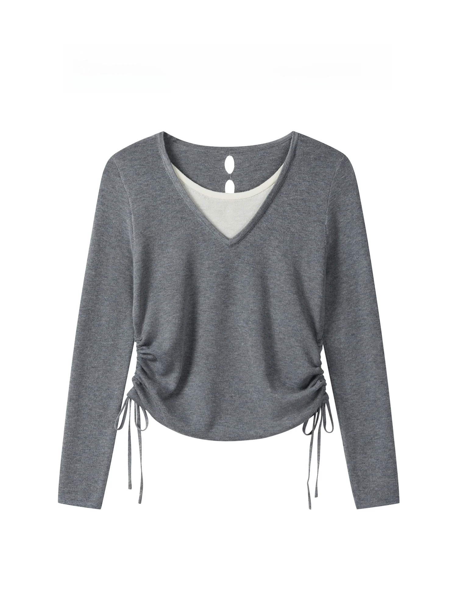 

Модный женский трикотажный топ с длинным рукавом, V-образным вырезом и плиссировкой, приталенный, с эффектом утяжки талии, для повседневной носки, летняя новинка Y2507