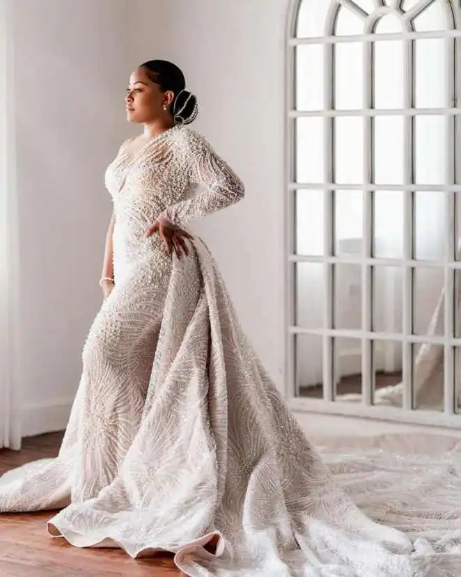Chic Mermaid Wedding Dress Long Sleeve Pearl Beaded Detachable Train Bridal Gown For Grand Reception Nuptial Occasion Customized
