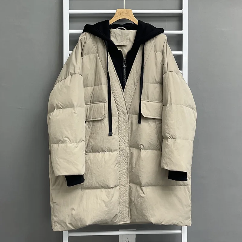 Autumn Winter Women White Duck Down Over Size Jacket Warm Casual Outwear with Hood Fake Two Pieces Patchwork Coat 2025