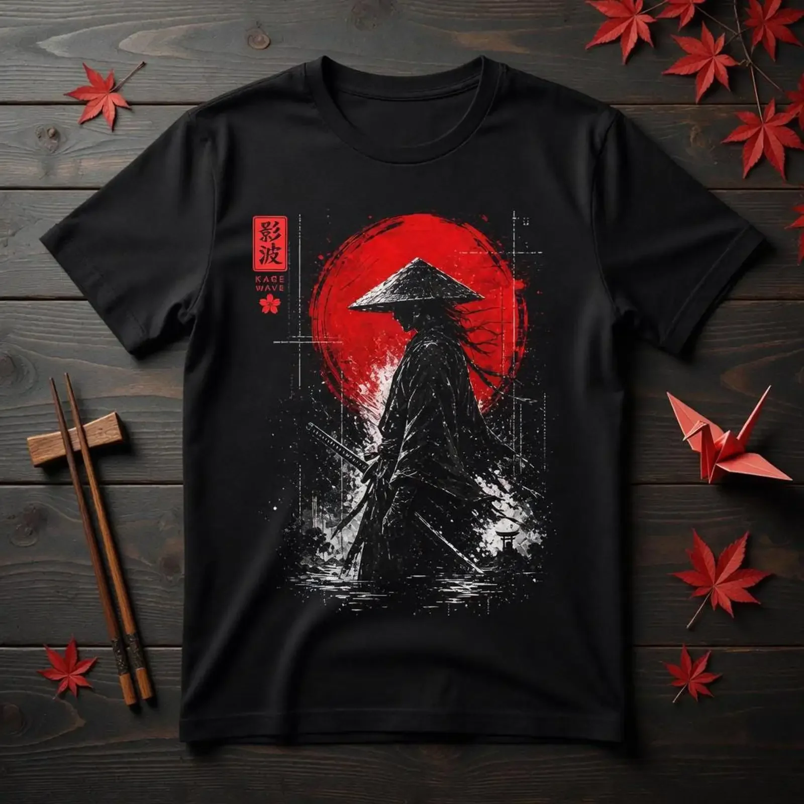 KAGE WAVE Samurai T Shirt Japanese Ronin Minimal Streetwear vintage Washed designer clothes Soft Casual streetwear Stretched