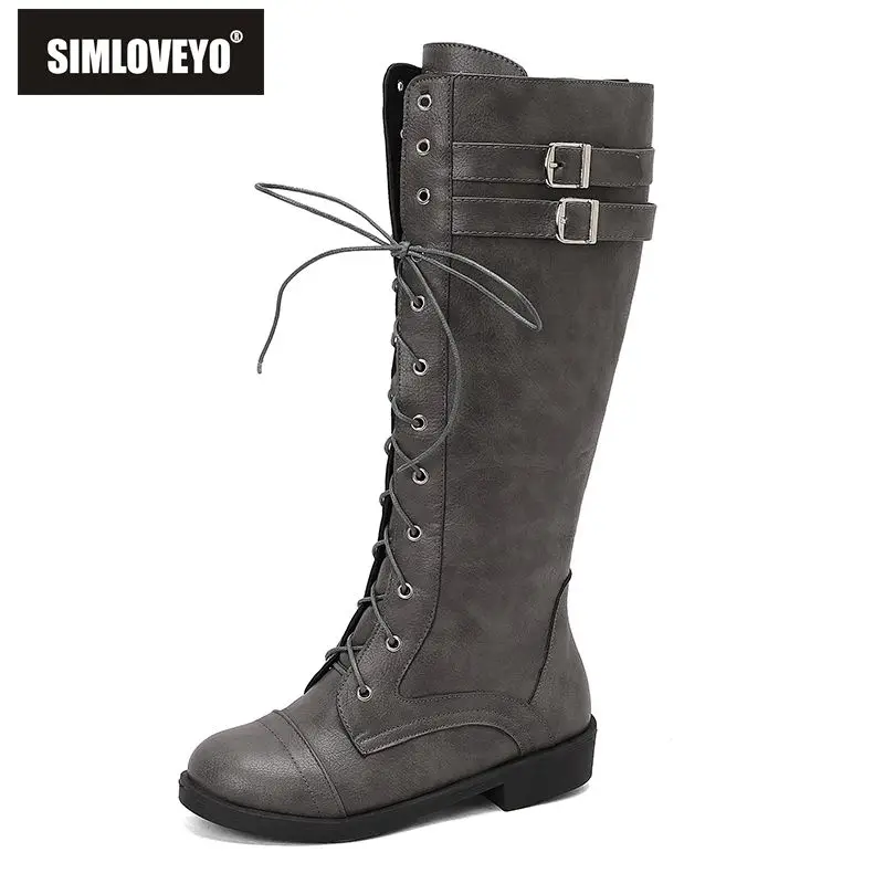 SIMLOVEYO 2025 Retro Ladies Knee High Riding Boots Round Toe Flat Sole Zipper Lace Up Buckle Extended Sizes 46 47 48