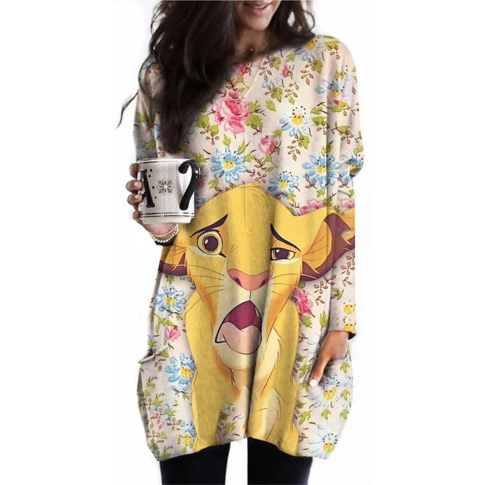 2024 Spring/Autumn Long Sleeve T-shirt Disney Lion King Printed Women\'s Top Women\'s Cartoon Printed Pocket T-shirt