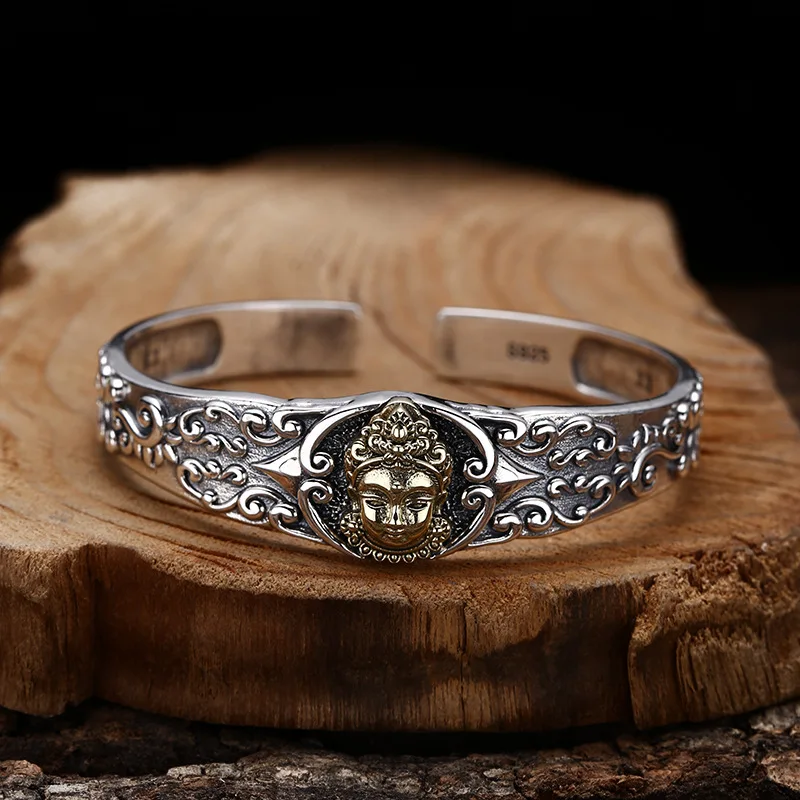 S925 Sterling Silver Green Tara Bangle Old Process Tibetan Culture Free Size Vine Pattern Women Fine Jewelry FYBT114