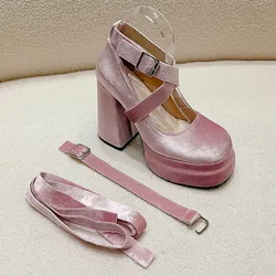 Lolita Shoes Women Heels Round Toe Super-high Mary Janes Chunky Heels Platform Elegant Trend High Quality Fashion Pink
