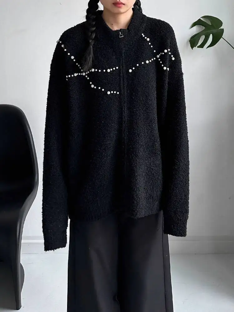 

HUISONG Niche Design Heavy Craft Pearl Thick Zipper Sweater Cardigan Loose Casual Warm Sweater Jacket for Women Autumn Winter