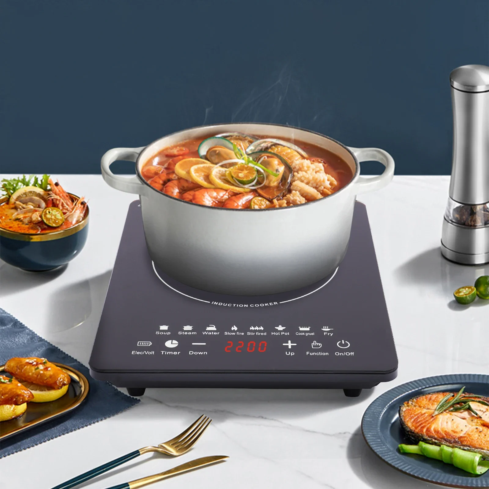 Adjustable Portable Induction Burner 2200W Electric Induction Countertop Burner with Touch Panel 8Cooking Preset Programs
