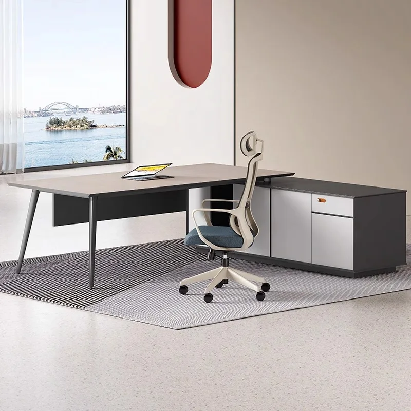 Simple and modern boss, office desk and chair combination, supervisor, manager, CEO's office, single desk, white