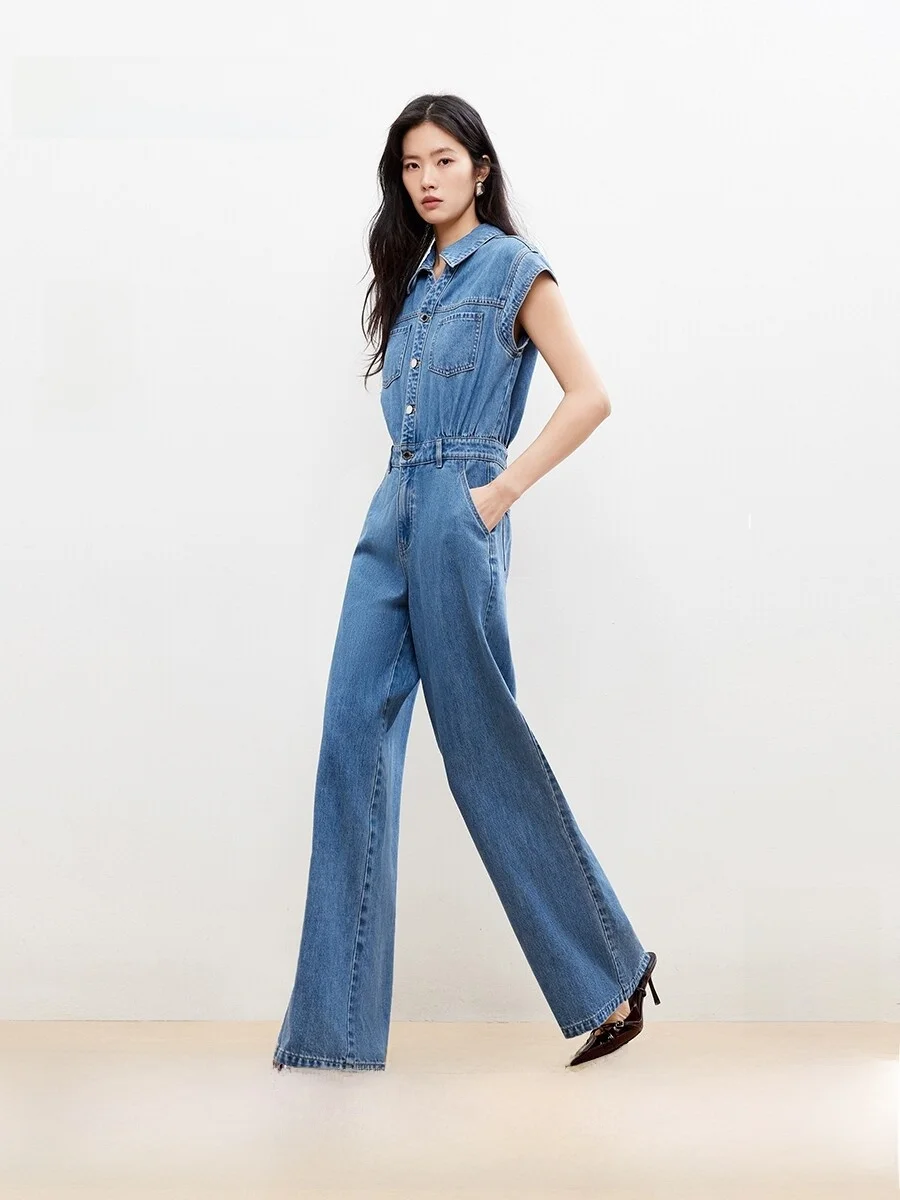 

Casual Cotton Blend Overalls Women's Spring Summer New Sle Straight Leg Jeansuit l Waist Zipper Closure