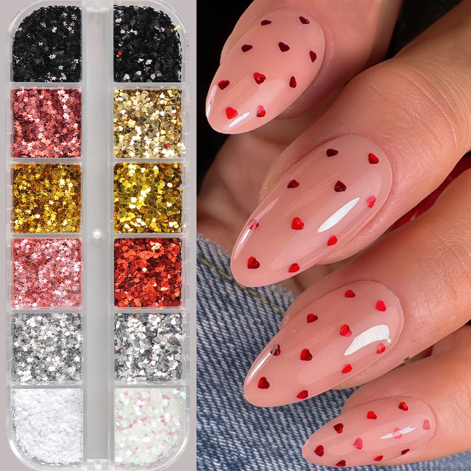 12 Grids Sparkling Heart Star Nail Glitter Sequins Mini Laser Stars Heart Nail Flakes Thanksgiving Christmas Nail Art Decoration