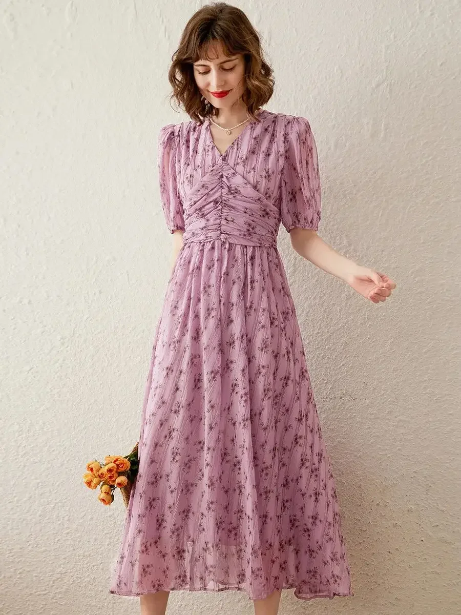 LOUIS YAO Women Dress 2024 Spring Summer Floral Dress Puff Sleeve V-Neck Elegant and Romantic Purple Floral Pleated Long Dress