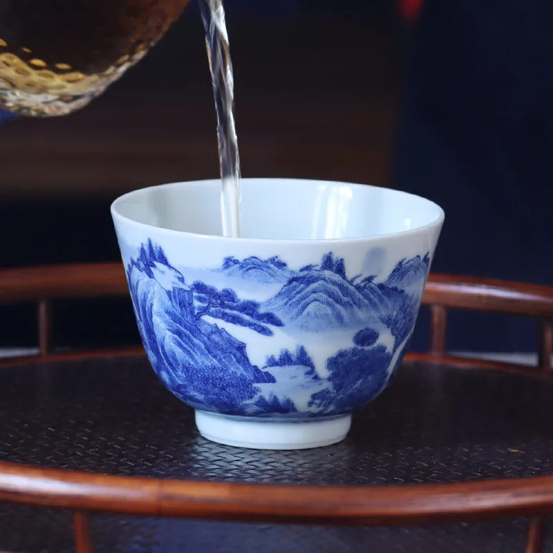 High Quality Hand Painted Blue and White Panoramic Landscape Cup Tea Ceramic Handmade Personal Single Jingdezhen