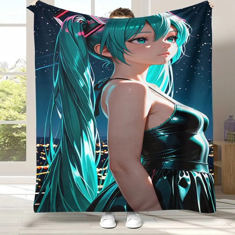 Japan Music Girl M-MIKU Cute Cartoon Soft Flannel Throw Blanket,Cozy Blanket for Bed,Sofa,Living Room,Picnic,Camping,Home Decor