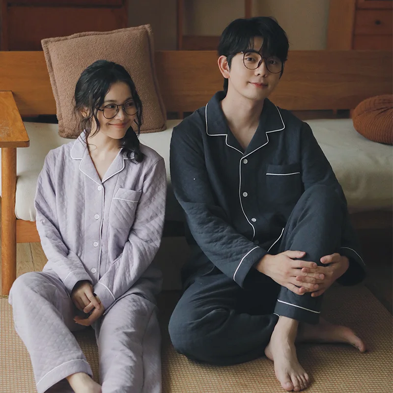 

Couple's Thickened Long Sleeve Cotton Pajamas Breathable Cool Feeling Home Clothes for Spring Autumn Winter Pure Cotton Sleep...